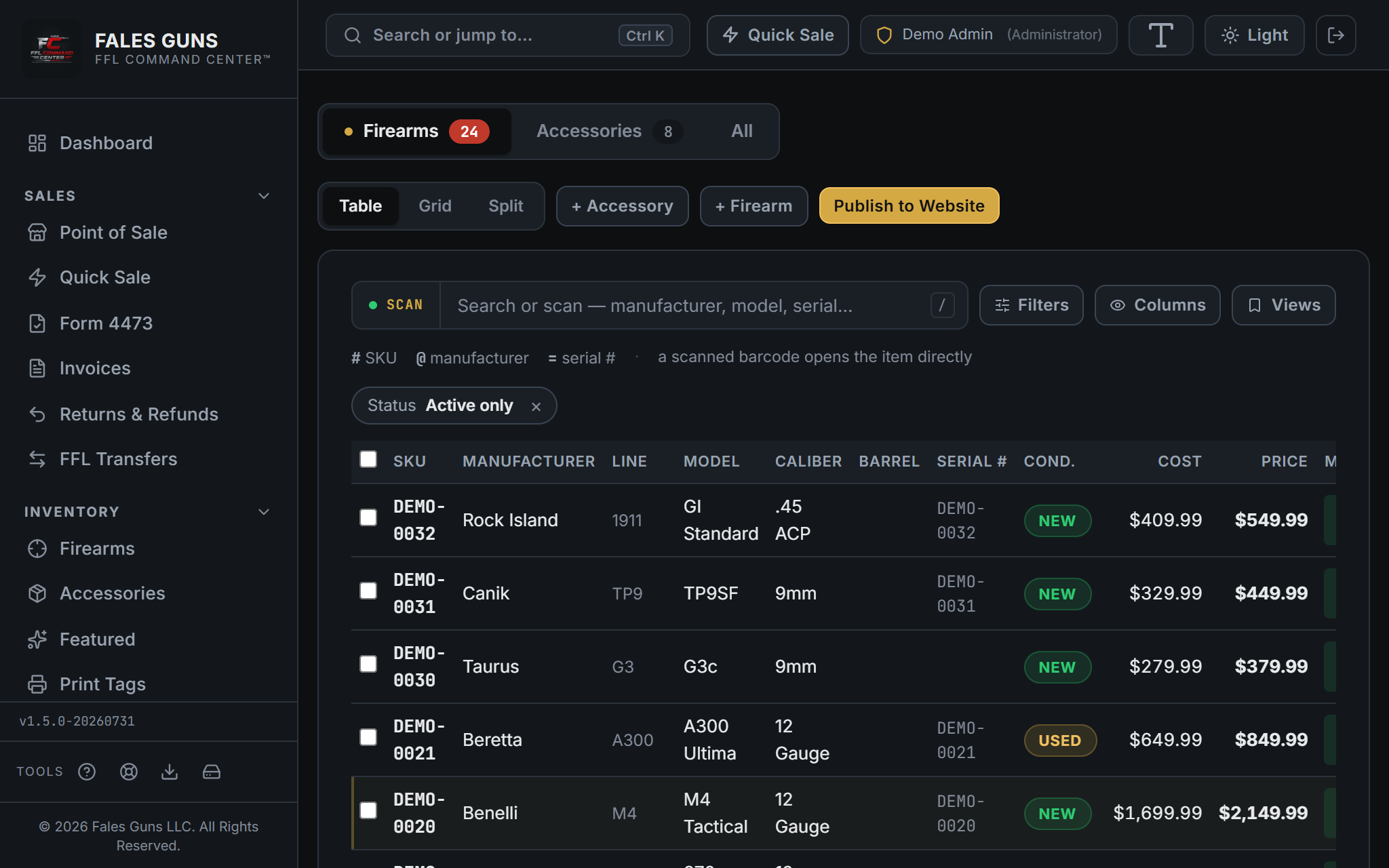 FFL Command Center inventory list screen